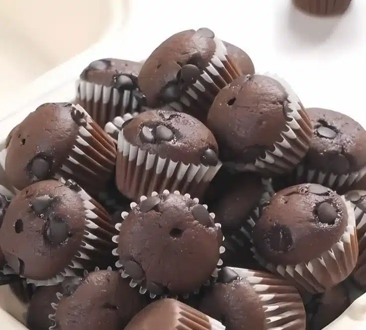 Bite-sized mini chocolate muffins topped with chocolate chips on a plate