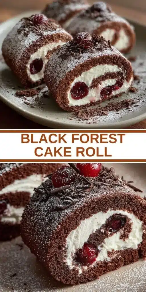 Delicious Black Forest Cake Roll with chocolate, cherries, and whipped cream