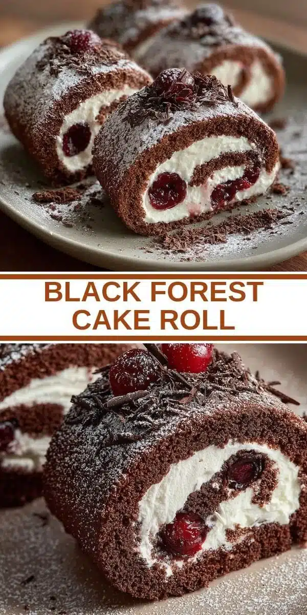 Delicious Black Forest Cake Roll with chocolate, cherries, and whipped cream