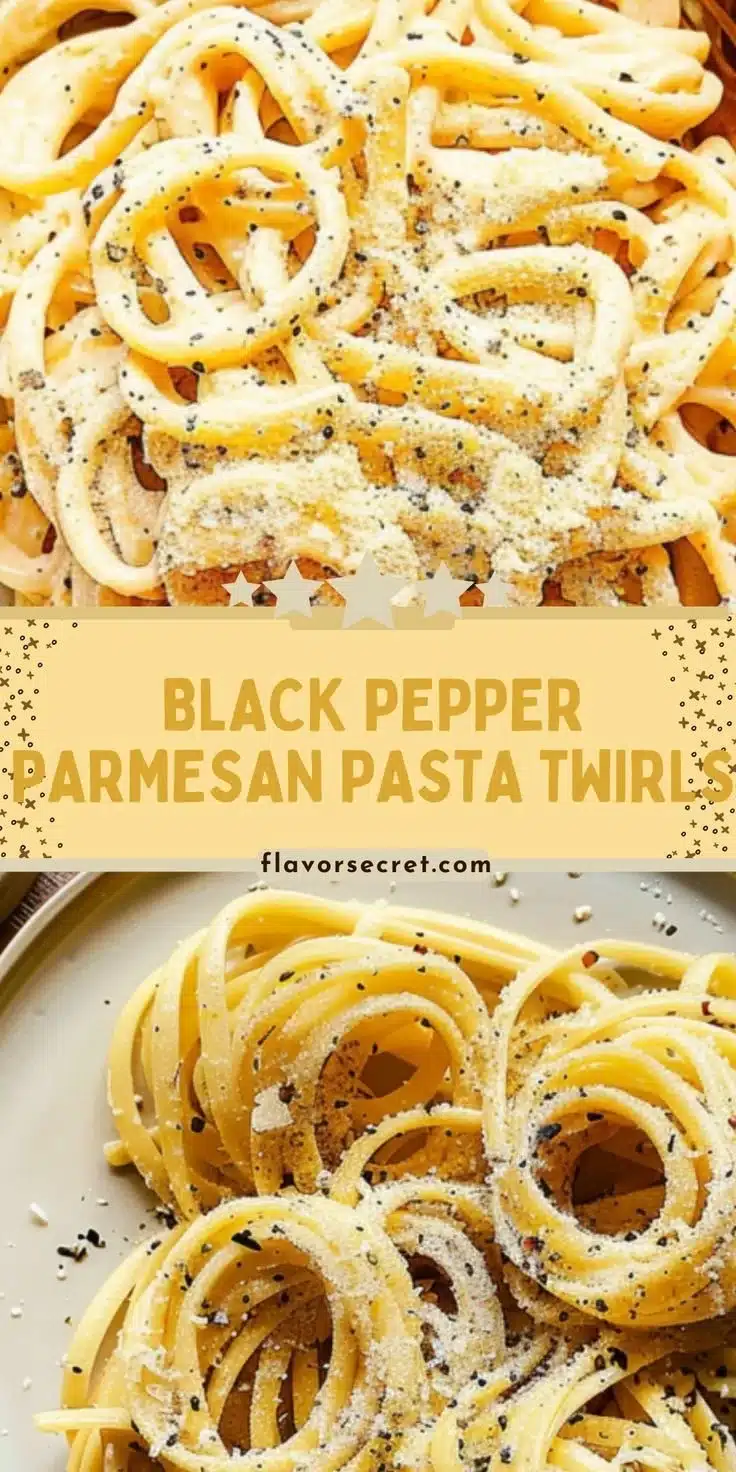 Black Pepper Parmesan Pasta Twirls garnished with fresh herbs
