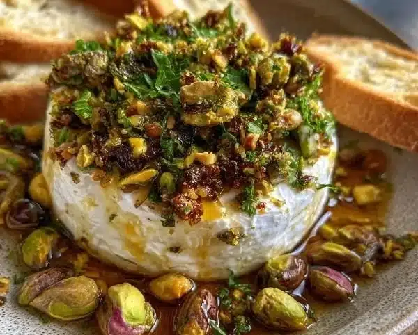 Boursin appetizer topped with pistachios and hot honey on a serving plate