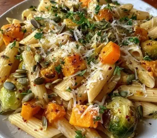 Brussels Sprouts and Butternut Squash Pasta served in a bowl with herbs