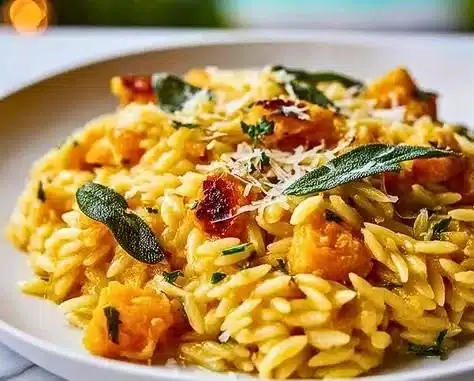 Butternut squash and sage orzo in a creamy sauce, garnished with herbs.