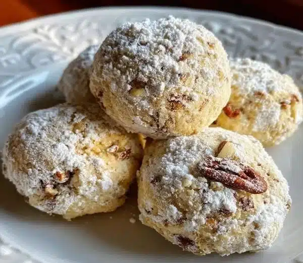 Buttery Pecan Snowball Cookies sprinkled with powdered sugar on a plate