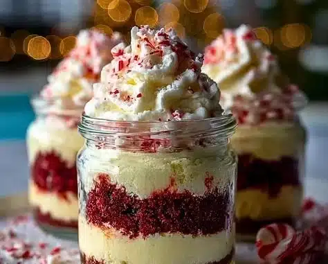 Festive Candy Cane Cheesecake Parfaits topped with crushed candy canes