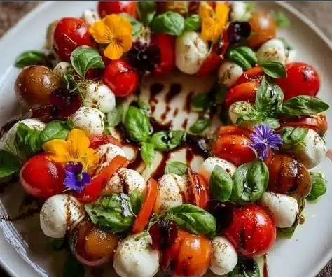 Caprese Salad Wreath adorned with fresh basil and ripe tomatoes