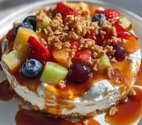 A bowl of Caramel Crunch Cheesecake Fruit Salad garnished with fresh fruit.