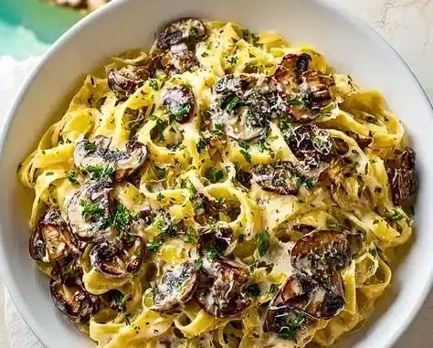 Caramelized Leek & Mushroom Gruyere Pasta topped with fresh herbs