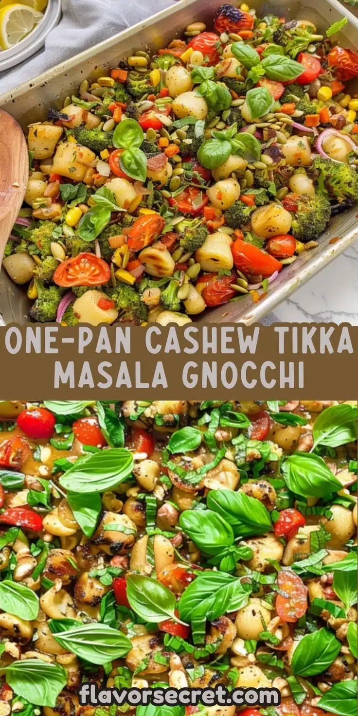 Sheet pan gnocchi with cashew tikka masala sauce garnished with herbs