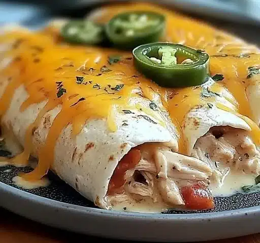 Cheesy jalapeño chicken enchiladas topped with sauce and garnished with cilantro