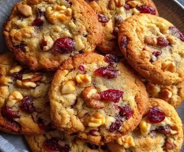 Chewy spiced cranberry cookies with walnuts on a plate.