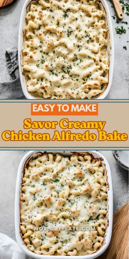 Extra cheesy Chicken Alfredo Bake with pasta and chicken in a creamy sauce