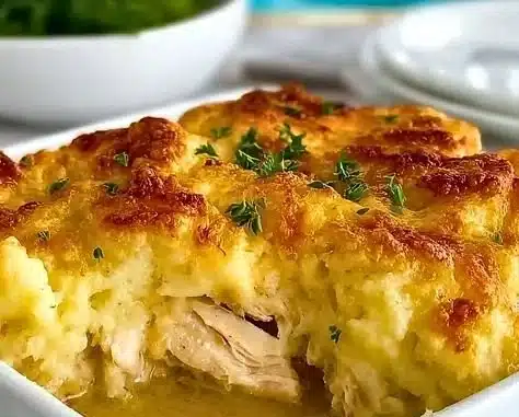 Chicken and Dumplings casserole with juicy chicken and fluffy dumplings