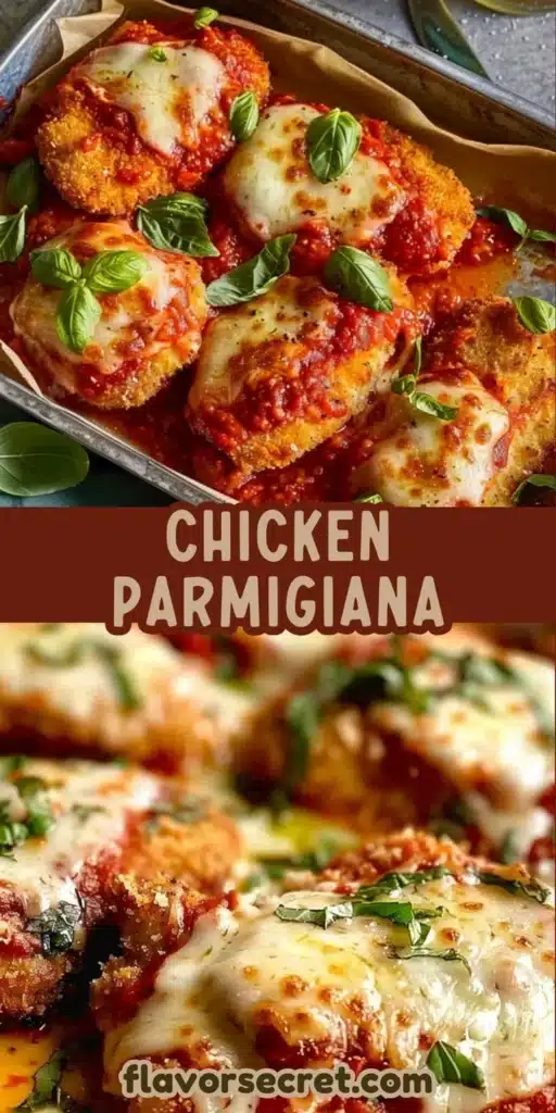Delicious Chicken Parmigiana served with marinara sauce and cheese