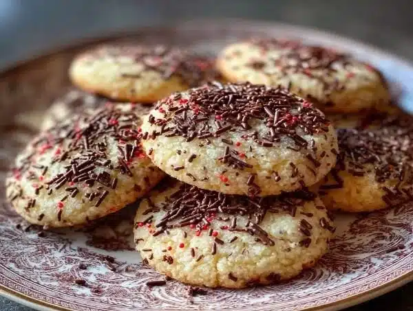 Chocolate sprinkle sugar cookies on a plate, ready to enjoy.