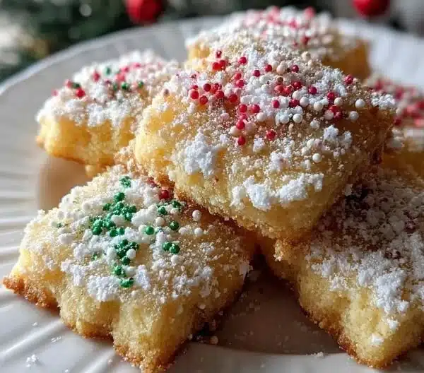 A plate of homemade Christmas Shortbread Cookies decorated with festive icing.