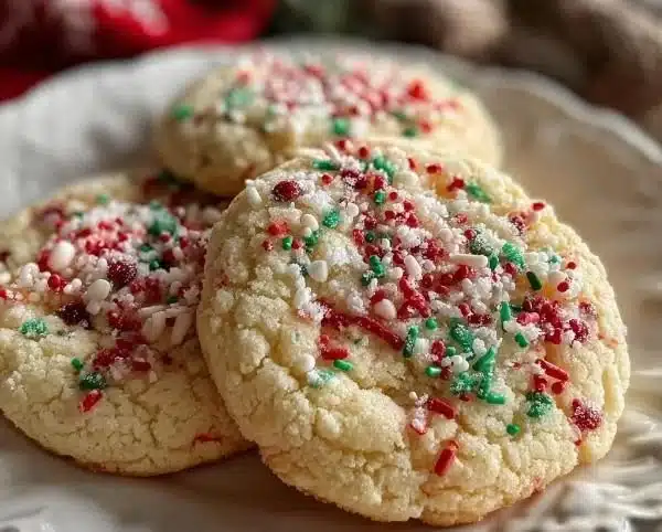 Freshly baked Christmas sugar cookies decorated with icing and sprinkles