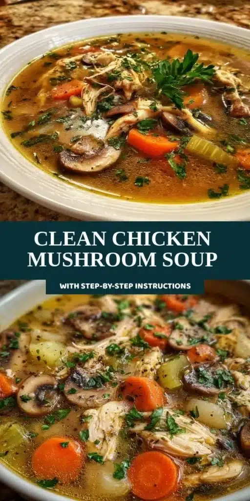 Clean Chicken Mushroom Soup in a bowl garnished with fresh herbs.