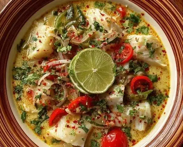 Bowl of coconut lime fish soup garnished with fresh herbs and lime slices