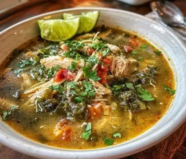 Bowl of cozy Chicken Poblano Soup garnished with cilantro and lime.