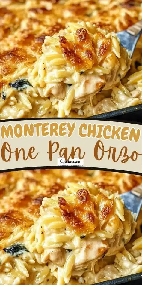Delicious Monterey Chicken served with orzo in a cozy one pan dish.