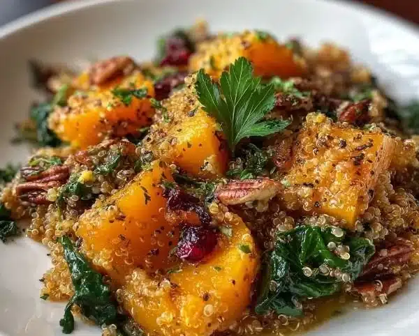 Cozy quinoa butternut squash recipe with colorful vegetables and spices