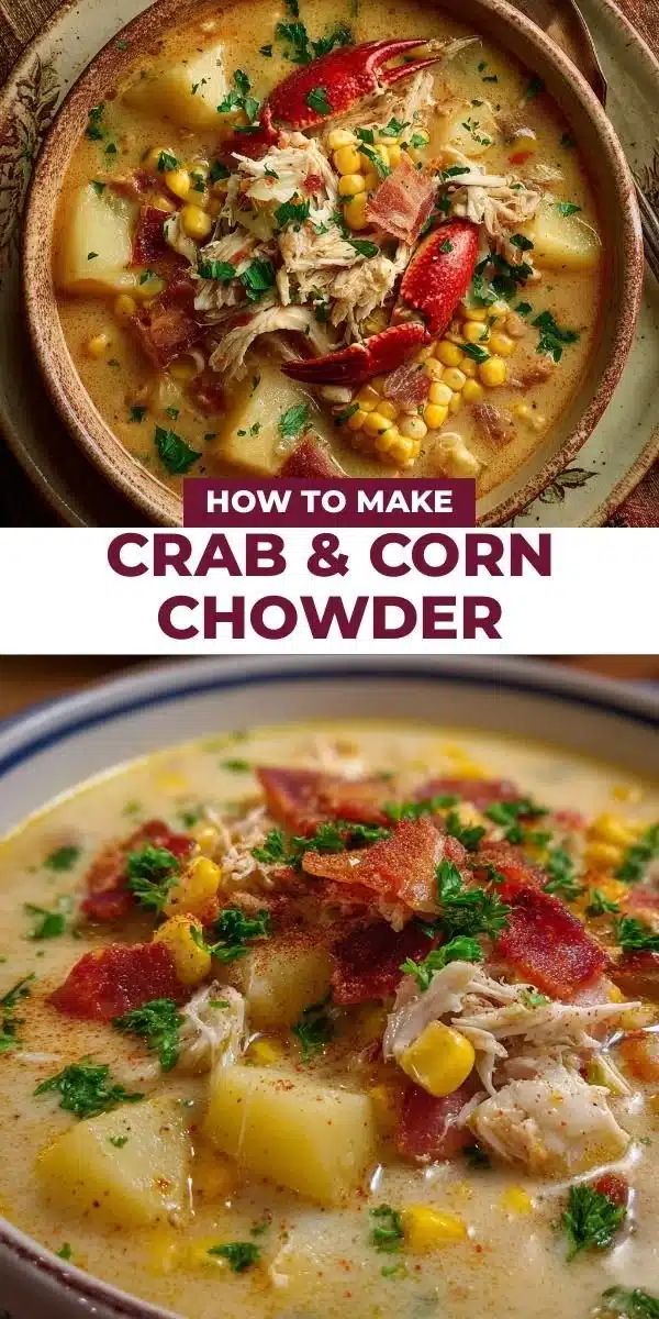 Bowl of delicious crab chowder with corn and herbs