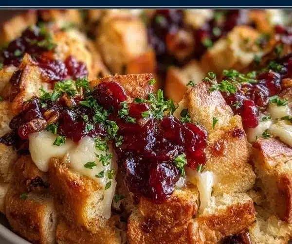 Cranberry and Brie Holiday Pull-Apart Bread served on a festive table.