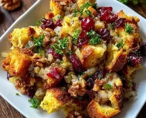 Homemade Cranberry Apple Stuffing in a baking dish ready for serving