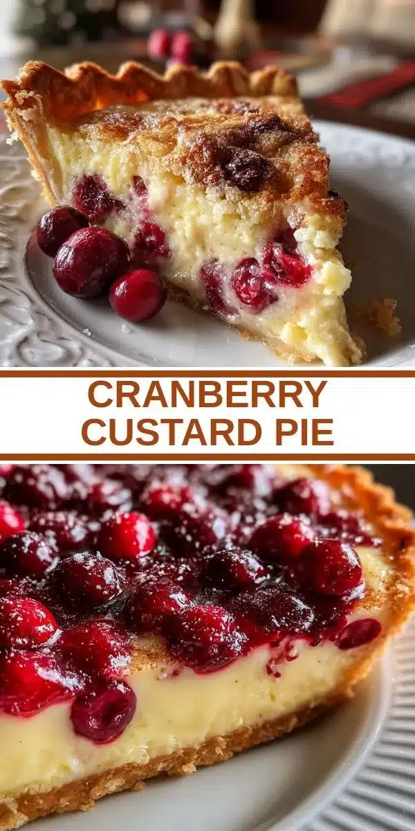 Homemade Cranberry Custard Pie topped with fresh cranberries and whipped cream.