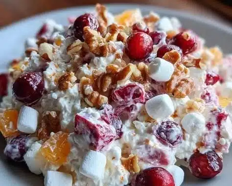 Cranberry Fluff Salad served in a bowl, featuring cranberries and whipped cream.