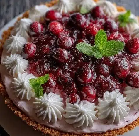 Delicious Cranberry Mousse Pie topped with whipped cream and fresh cranberries