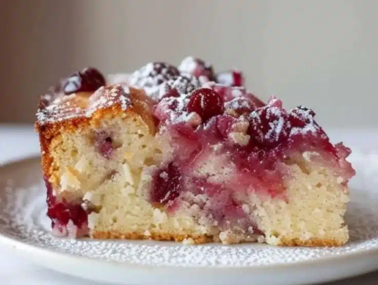 Cranberry orange olive oil snack cake with fresh cranberries and orange zest