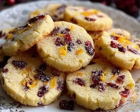 Delicious Cranberry Orange Shortbread Cookies arranged on a festive plate.