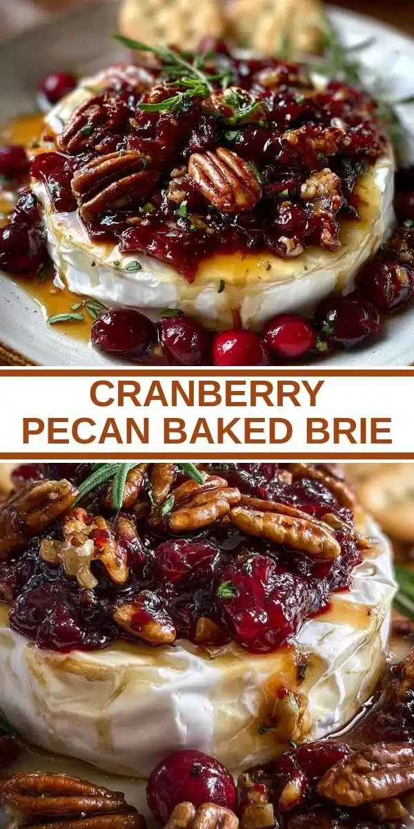 Cranberry Pecan Baked Brie garnished with nuts and cranberries on a serving platter