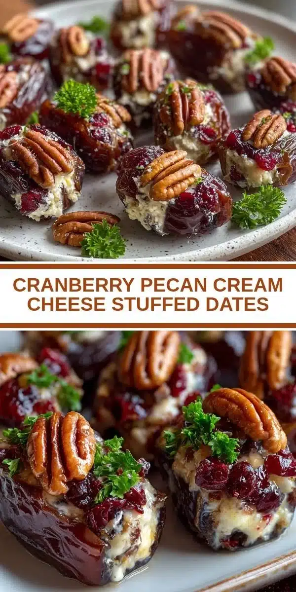 Cranberry pecan cream cheese stuffed dates on a serving plate