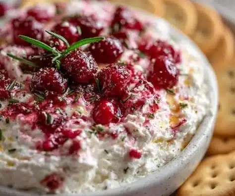 Cranberry whipped feta dip served with crackers and fresh herbs