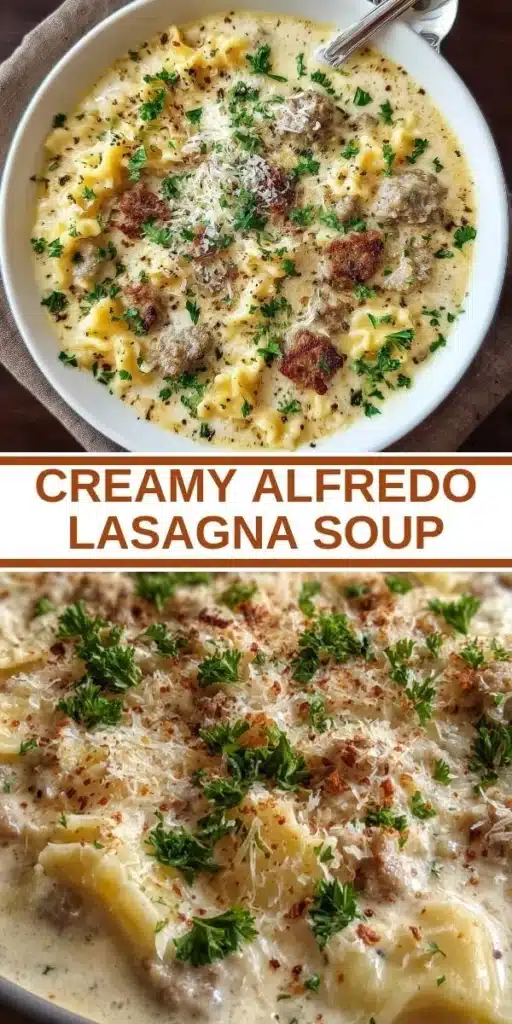 Bowl of creamy Alfredo lasagna soup garnished with herbs and cheese