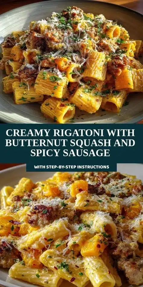 Creamy butternut squash rigatoni with a rich sauce served in a bowl