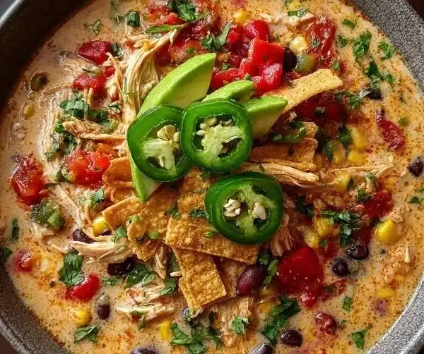 Bowl of creamy chicken tortilla soup topped with tortilla strips and fresh cilantro