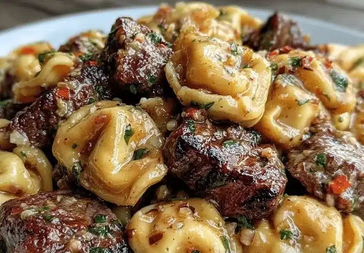 Creamy Cowboy Butter Tortellini with steak bites served in a bowl