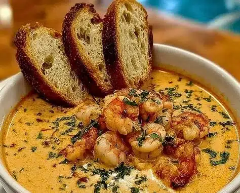 Delicious creamy crab and shrimp seafood bisque served in a bowl