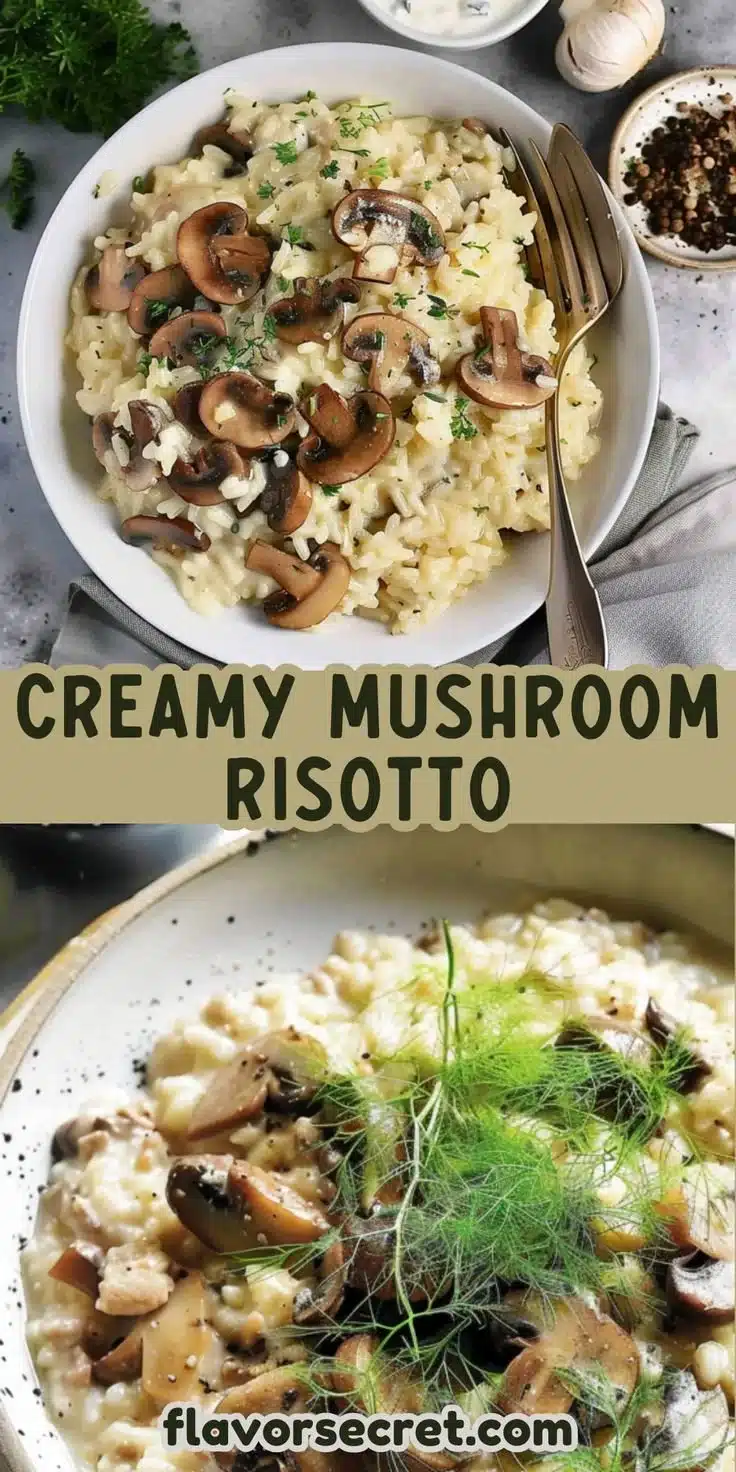 Creamy fennel pollen mushroom risotto dish garnished with fresh herbs.