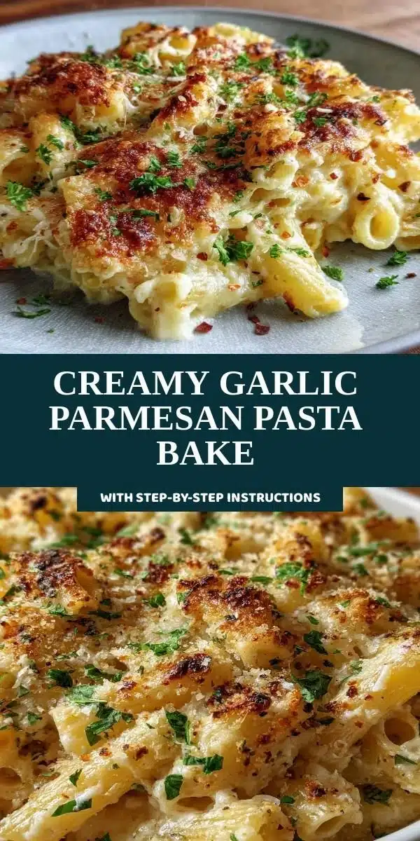 Creamy Garlic Parmesan Pasta Bake topped with cheese and herbs
