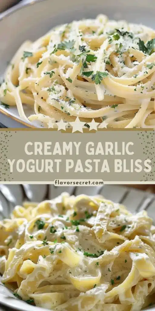 Creamy garlic yogurt pasta garnished with herbs on a plate.