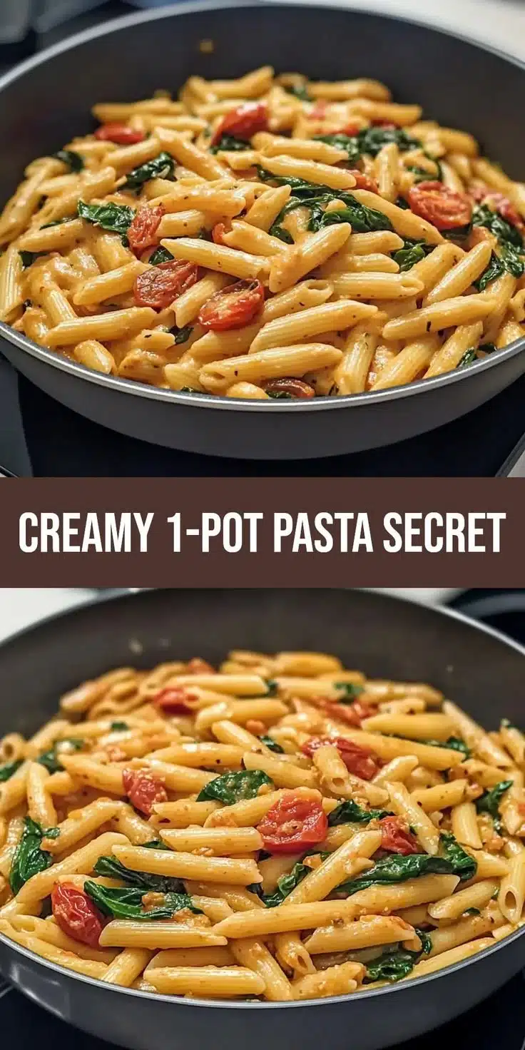 Creamy one-pot spinach tomato pasta with fresh ingredients and a rich sauce