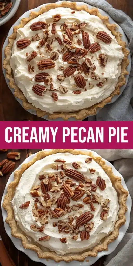 Irresistible creamy pecan cream pie with whipped topping and pecan garnish