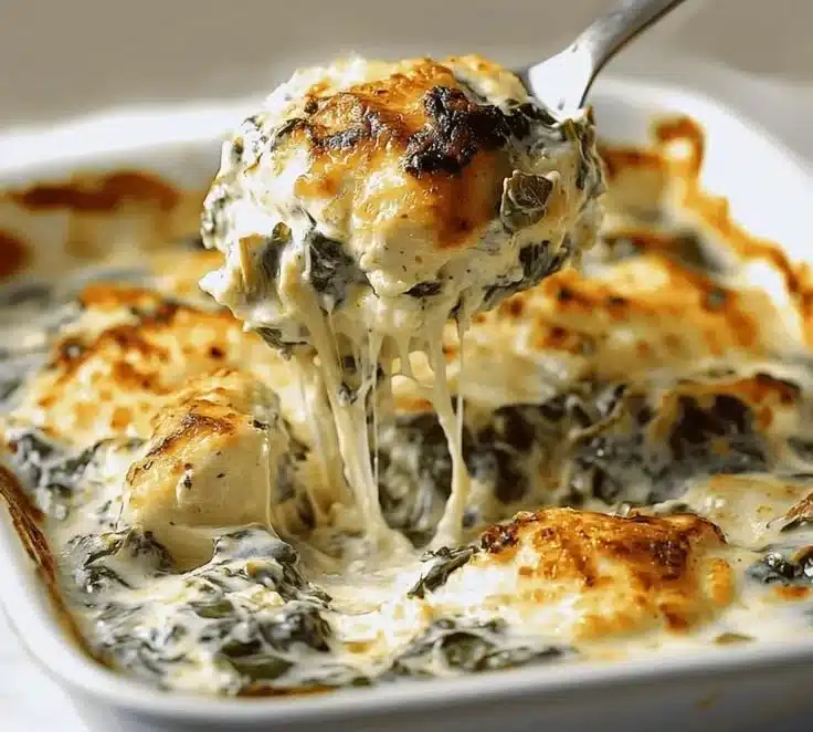 Creamy spinach artichoke chicken dish garnished with herbs