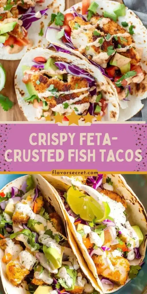 Crispy feta-crusted fish tacos served with fresh toppings and lime wedges