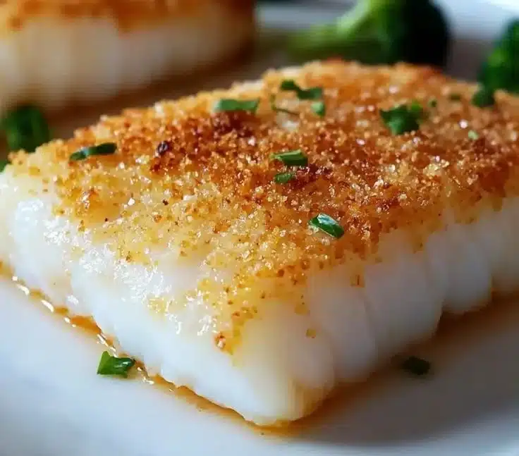 Crispy Panko Parmesan Crusted Baked Cod on a plate with lemon